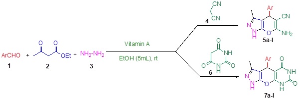 ویتامین A: کاتالیست موثر و سازگار با محیط‌زیست برای سنتز تک‌ظرفی مشتق های دی-هیدروپیرانو[2,3-c]پیرازول و پیرازولوپیرانوپیریمیدین 